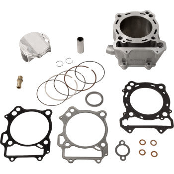 The Kawasaki - Suzuki Cylinder Kit 90.00 mm by Athena includes an aluminum cylinder, forged piston kit, rings, gaskets, seals, wrist pin, power valves, and small metal parts displayed on a white background.