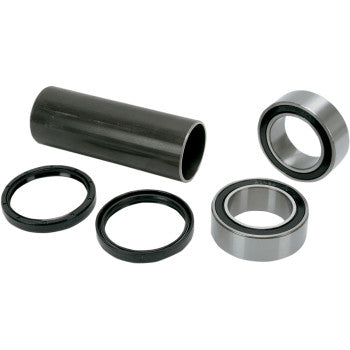 The Carrier Rebuild Kit Super Twin by Lone Star Racing includes a cylindrical metal tube, two ball bearings, and two black rubber seals—perfect for rebuilding—shown arranged on a white background.