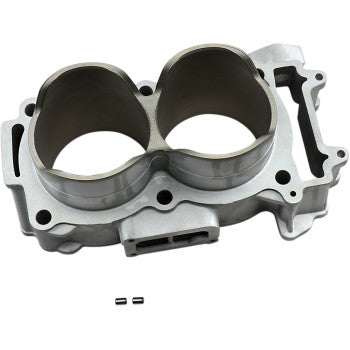 Silver-gray metal dual-cylinder engine block with smooth bores and mounting holes.