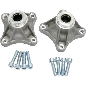 The Yamaha Wheel Hubs Rear Extended 24 Spline 4/115 by Dura Blue are shown with eight bolts. Each aluminum hub has steel inserts, four mounting holes, and a central splined opening to reduce spline wear. Displayed on a white background.