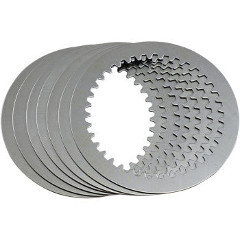 The Clutch Plate Kit Steel by Hinson Racing features six metal plates with notched inner edges, fanned out against a white background—perfect for OEM clutch baskets and fully compatible with Hinson clutch components.