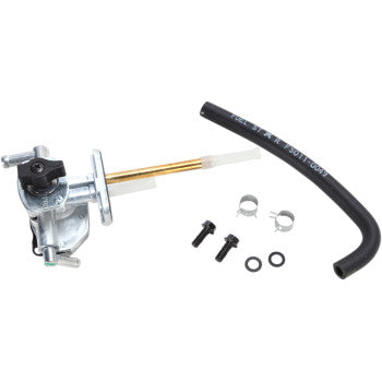 The Suzuki Petcock Fuel Kit by All Balls includes a durable metal valve, brass tube, OE replacement quality, short black hose, two hose clamps, two screws, and two small rubber O-rings for secure motorcycle fuel line connections.