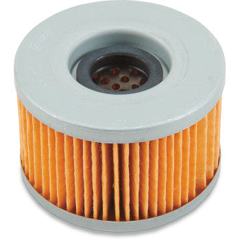 The Honda Oil Filter by Emgo is a cylindrical filter with an orange pleated paper element and gray plastic end caps, made from high-quality materials to help extend engine life. Shown against a white background.