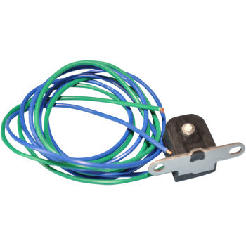 Black rectangular trigger coil with silver mounting bracket and attached green and blue insulated wires coiled.