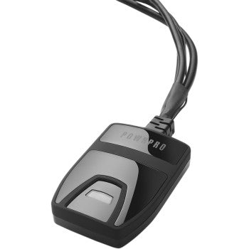 A close-up of the Fuel Tuner Fi2000 PowerPro Black Victory by Cobra—a black wired foot pedal with a rectangular button and POWERPRO on top, attached to two cables—ideal for motorcycle fuel tuner or EFI tuning setups.