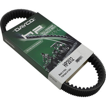 A black Drive Belt by Dayco Products, LLC (HP2032), aramid-reinforced and partially wrapped in green and black packaging displaying ATVs and product details.