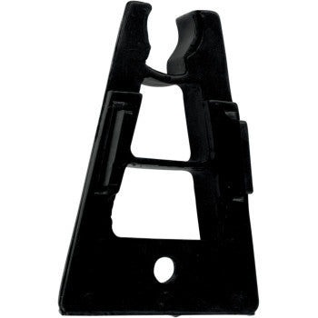The Yamaha YFM660R Raptor Front Chain Slider by Moose Offroad is a black, angled plastic automotive tool—Made in the U.S.A.—with open slot, hole, cutouts, and clips for easy component installation.