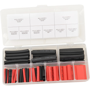 The Heat Shrink Tubing Heavy Duty by Performance Tool includes 106 black and red waterproof tubes in assorted sizes, organized in labeled compartments within a plastic organizer box.