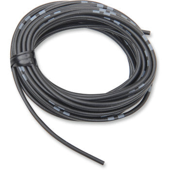 The 13 Wire Spool 14 A 12 V Black by Shindy is a coiled black cable with OEM gray markings, secured by a black fastener, and has one loose end.
