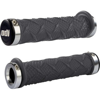 Gray textured rubber lock-on grips with diamond pattern and black Odi logo end caps.