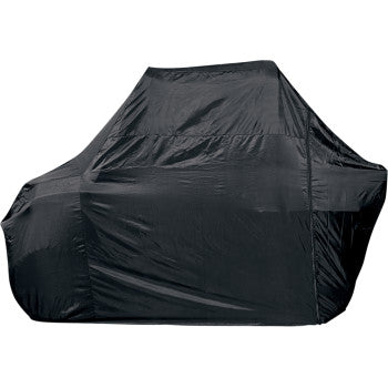 The UTV Cover EZ Zip Black by Dowco is a large, black protective cover made of durable nylon, fully concealing and protecting your equipment outdoors while offering excellent water resistance.