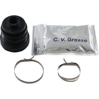 The CV Boot Kit Rear Inner Outer by All Balls includes a black rubber boot, C.V. grease packet, and two stainless steel clamps—perfect for UTV or ATV CV joint maintenance—neatly displayed on a white background.