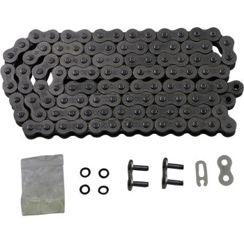 The 520 X1R3 Chain 108 Link by Jt Chains, a durable steel alloy motorcycle chain, is displayed coiled with O-rings, two connecting pins, a master link, clip, and a small plastic packet on a white background.