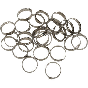 Set of silver metal CV boot clamps with perforated bands and tightening screws, 6mm by 40mm size.