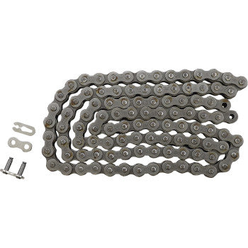 The 520 HDS Ultimate Competition Chain Steel 102 Links by JT Chains is shown coiled with a connecting link and two small bolts beside it on a white background.