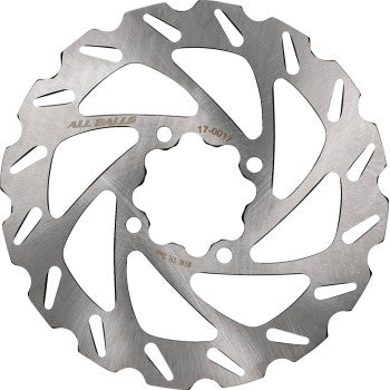 The Yamaha Brake Rotor by All Balls is a stainless steel disc with a wavy edge and multiple cutouts, designed for hub mounting to improve braking performance and cooling efficiency.