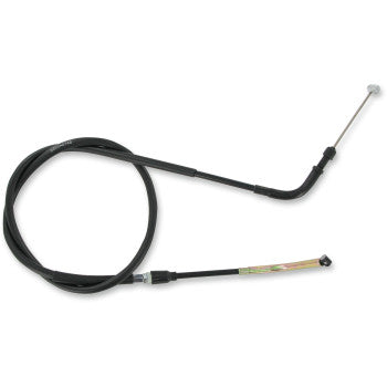 The Kawasaki Black Vinyl Clutch Cable by Parts Unlimited, featuring a flexible coiled sheath and metal connectors, is shown against a white background. It’s designed to OEM specifications for an exact fit on motorcycles.