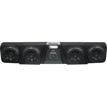 The Honda Pioneer Audio Mini by Hoppe Industries is a black rectangular soundbar with four round Kicker KM-Series speakers, a central control panel with Bluetooth, buttons, and a display screen.
