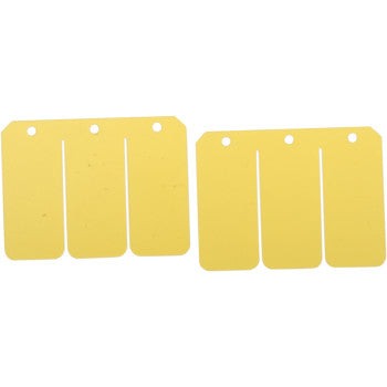 Two yellow rectangular fiber tags from the Polaris - Kawasaki Super Stock Reed Set by Boyesen, each divided into three segments with rounded bottom corners and a hole at the top—perfect for organizing stock reeds or carbon reeds.