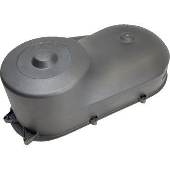 The Polaris Clutch Cover Outer by Moose Offroad is a black, oval plastic cover with multiple mounting points and a smooth, contoured design—perfect for protecting engine components or the drive belt as a replacement cover.