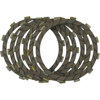 The Clutch Kit by Ebc features five circular, cork-based friction plates with notched edges and a gritty dark brown surface, designed in an overlapping fanned layout for reliable motorcycle clutch performance.