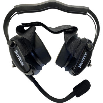 The Headset Behind the Head Stereo VOX Black by Navatlas features a black design, cushioned headband, comfortable ear pads, adjustable noise-cancelling mic, high-fidelity speakers, and NavAtlas branding on each ear cup.