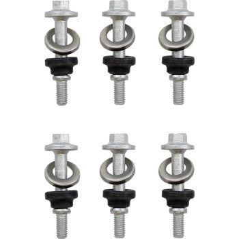 Six silver metal clutch cover screws with integrated washers and black rubber gaskets arranged in two rows on white.