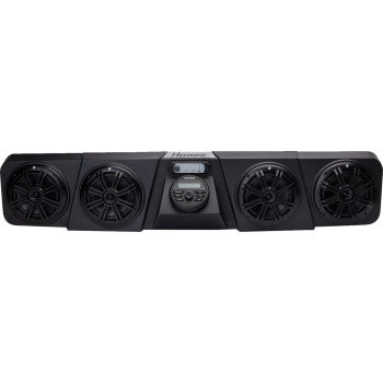 Black Yamaha Audio Mini soundbar featuring four round speakers, a central digital control panel, and a slim, rectangular.