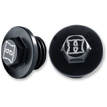 Two Honda Oil Filler Caps by Hinson Racing in black metal, each with an engraved H logo on top, are displayed from various angles to showcase the factory-style design and threading—race team approved for quality and durability.