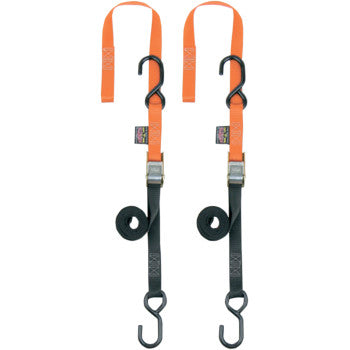 Two Soft Tye Tie Downs 1" x 5 1/2' Orange by Powertye Mfg. with heavy-duty vinyl-coated hooks and soft-tye loops are laid out side by side, showing orange loops at the top and coiled black sections at the bottom against a white background.