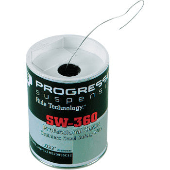 Green and silver metal wire can with black and white Progressive Suspension branding, spool of steel wire with extended end.