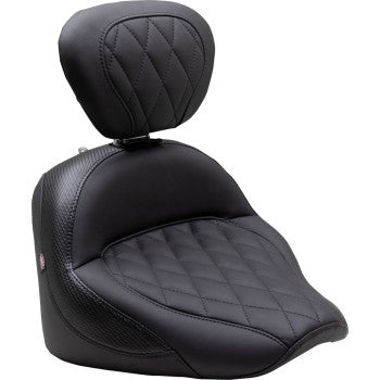 The Solo Touring Seat - with Driver Backrest - Black - Diamond Stitch by Mustang features a diamond-stitched pattern, contoured comfort, and an attached backrest for Indian Chief, shown on a white background.