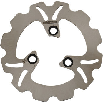 Silver offroad brake rotor with three black mounting holes and wavy outer edge.