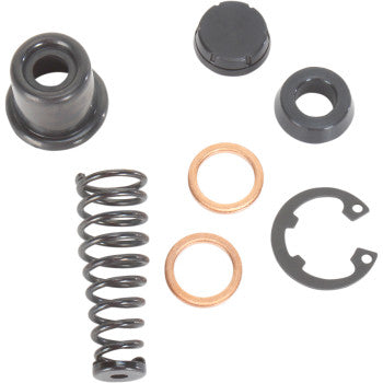 The Master Cylinder Rebuild Kit Front by Prox features small OEM parts—metal coil spring, two copper washers, black cylindrical components, and a circular retaining clip—perfect for brake master cylinder repairs.