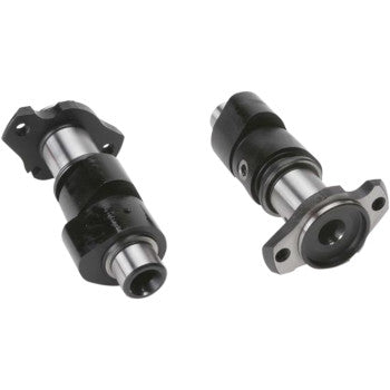Pair of black and silver metal camshaft intake and exhaust components with mounting flanges and cylindrical design.