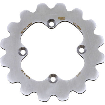 The Can Am UTV Rotor by Ebc is a silver, wavy-edged, heat-treated stainless steel brake rotor with four mounting holes—shown from above on a white background—perfect for ATV use.