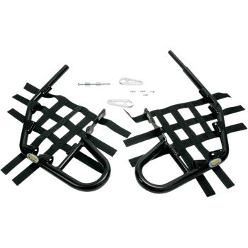 The Yamaha Raptor Nerf Bars Black by Motorsport Products include black aluminum bars with black webbing, ATVA-compliant metal hardware, ATV net tabs, and two silver clips, all pictured on a white background.