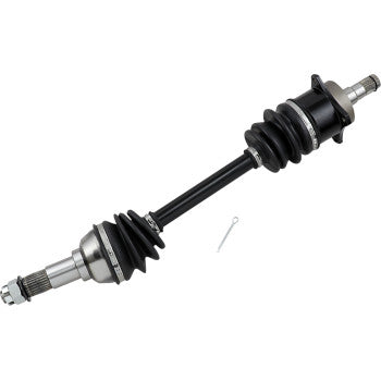 Black and silver front left CV axle kit with rubber boots and metal joints for ATV use.