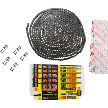 A coiled 428H Standard Series Chain (25 feet) by Did with four master links, packaged in DID 428HD Motorcycle Chain box and wrapped in wax paper, shown on a white background.