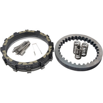 The Clutch Kit by Rekluse, featuring friction plates, steel plates, springs, and a metal tool, is displayed on a white background.