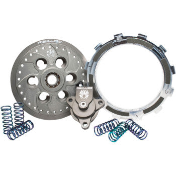 Gray metal clutch pressure plate, silver clutch pack ring, four blue coil springs, and small gray anodized clutch actuator.