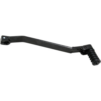 The Yamaha Folding Shift Lever by Emgo is a black metal motorcycle gear shifter with a folding tip, featuring a rubberized foot peg on one end and a mounting hole on the other.