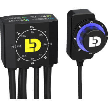Two black Denali DialDim™ Controller devices feature dials labeled 0%–100% and 1A–20A with a stylized “D” logo. Both have multiple wires; the right one has a blue light ring. Pair with a waterproof handlebar switch for best performance.