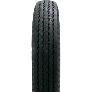 A close-up, front view of the Kenda Tire 4.80-12 4 Ply in black with a zigzag tread and subtle vertical lines, photographed on a white background—perfect for those seeking a quality trailer tire option.