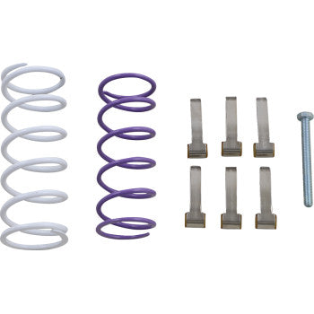 The Clutch Kit by Epi includes two coiled springs (white and purple), six tabbed metal clips, and a silver bolt—perfect for torque adjustments when upgrading to larger tires.