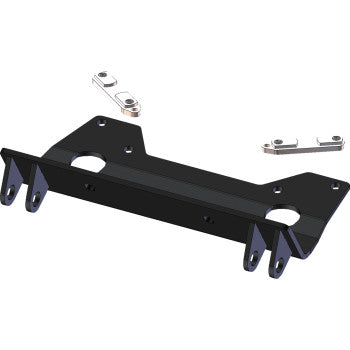 Black steel plow mount bracket with mounting holes and two small silver metal hardware pieces.
