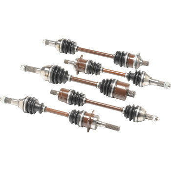 Set of six metal axle shafts with brown and silver components, rubber boots, and splined ends for offroad vehicle assembly.