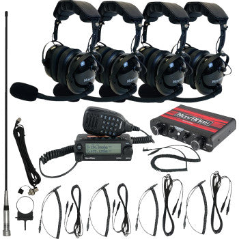 The Intercom Radio and Headset Kit 4 Seat Black by Navatlas includes four headsets with microphones, a radio transceiver, handheld mic, antenna, cables, control box, and connectors displayed on a white background.