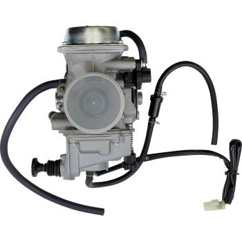 Silver metal Honda replacement carburetor with black hoses and connector plugs.