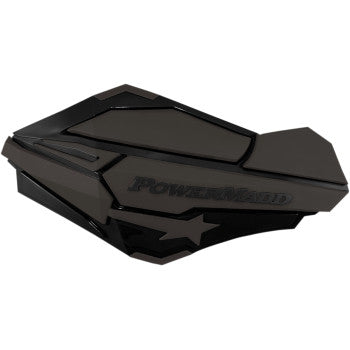 The Sentinel Hand Guards Black Charcoal by Powermadd feature a rugged, angular black and dark gray design with the POWERMADD star logo—ideal for protecting your ATV or equipment with durable style.